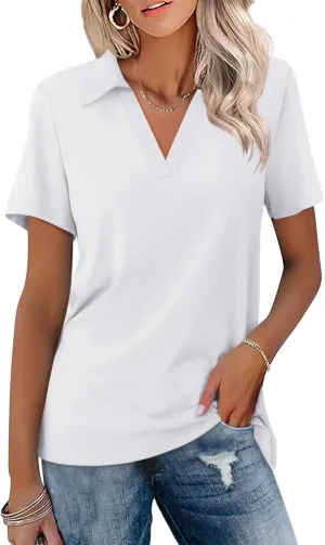 ORANDESIGNE Women's Short Sleeve V Neck Polo Shirts Summer Collared Tops Casual Loose Tees Tops