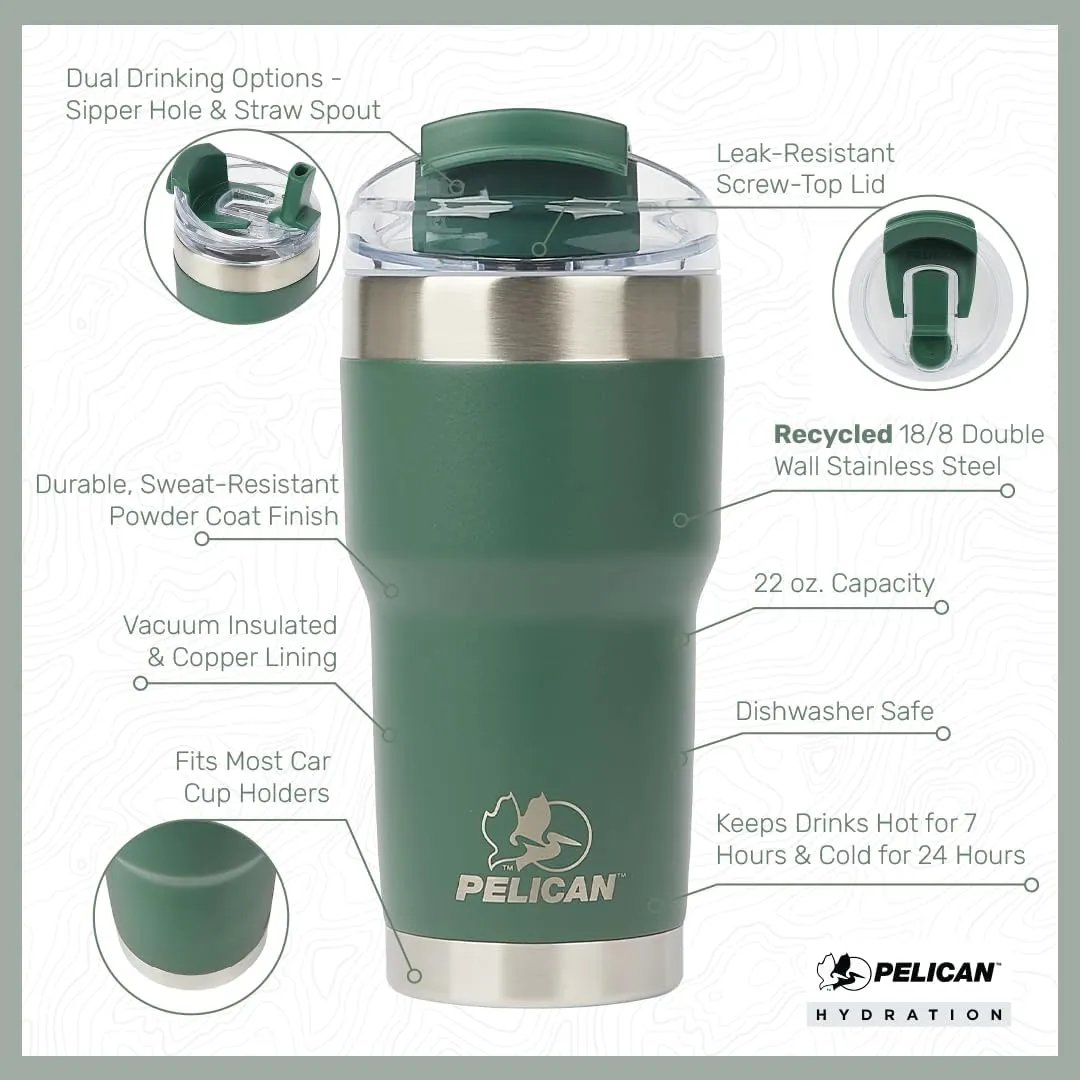 Pelican Hydration Pelican Traveler 22 oz Vacuum Insulated Tumbler - Stainless Steel Double Wall Travel with Dual Lid, Powder Coated Insulated Coffee Mug For Hot Cold Drinks, Azure
