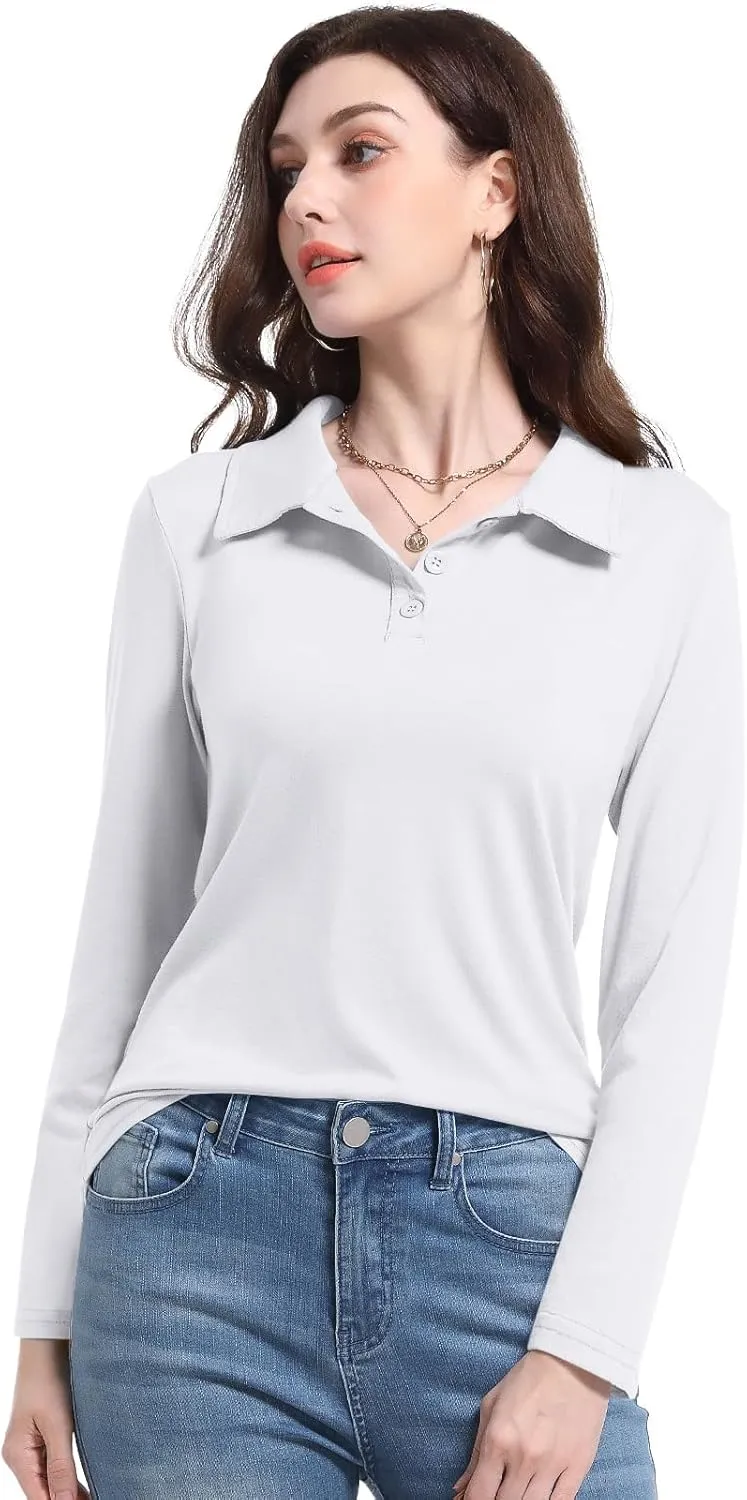 PGANDS Women's Long Sleeve Collared Polo Shirts V Neck Button Down Casual Tops
