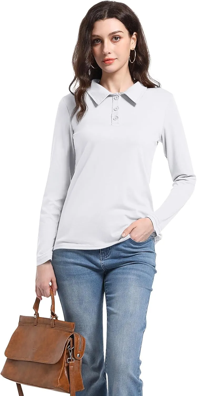 PGANDS Women's Long Sleeve Collared Polo Shirts V Neck Button Down Casual Tops