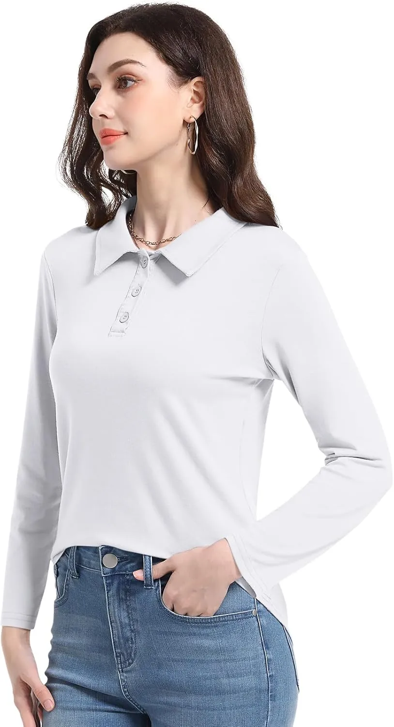 PGANDS Women's Long Sleeve Collared Polo Shirts V Neck Button Down Casual Tops