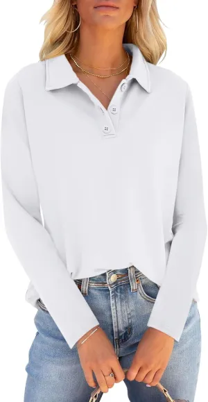 PGANDS Women's Long Sleeve Collared Polo Shirts V Neck Button Down Casual Tops
