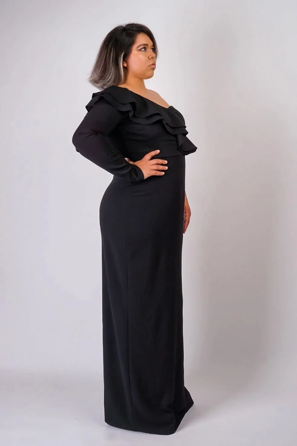 Plus Black  One  Shoulder Ruffle  Gown
