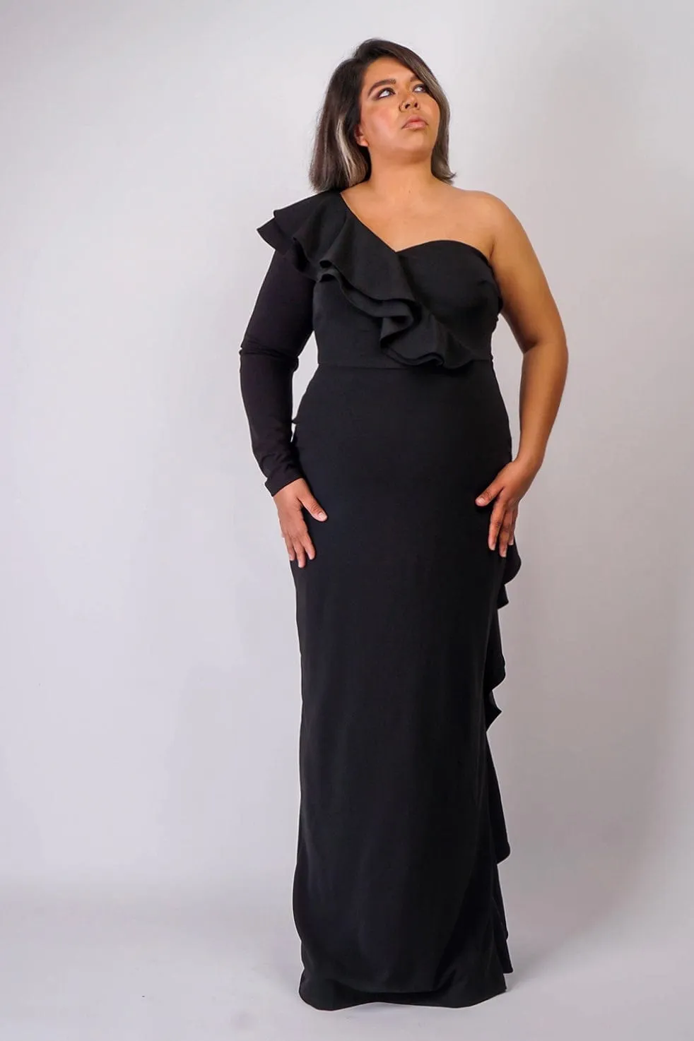 Plus Black  One  Shoulder Ruffle  Gown