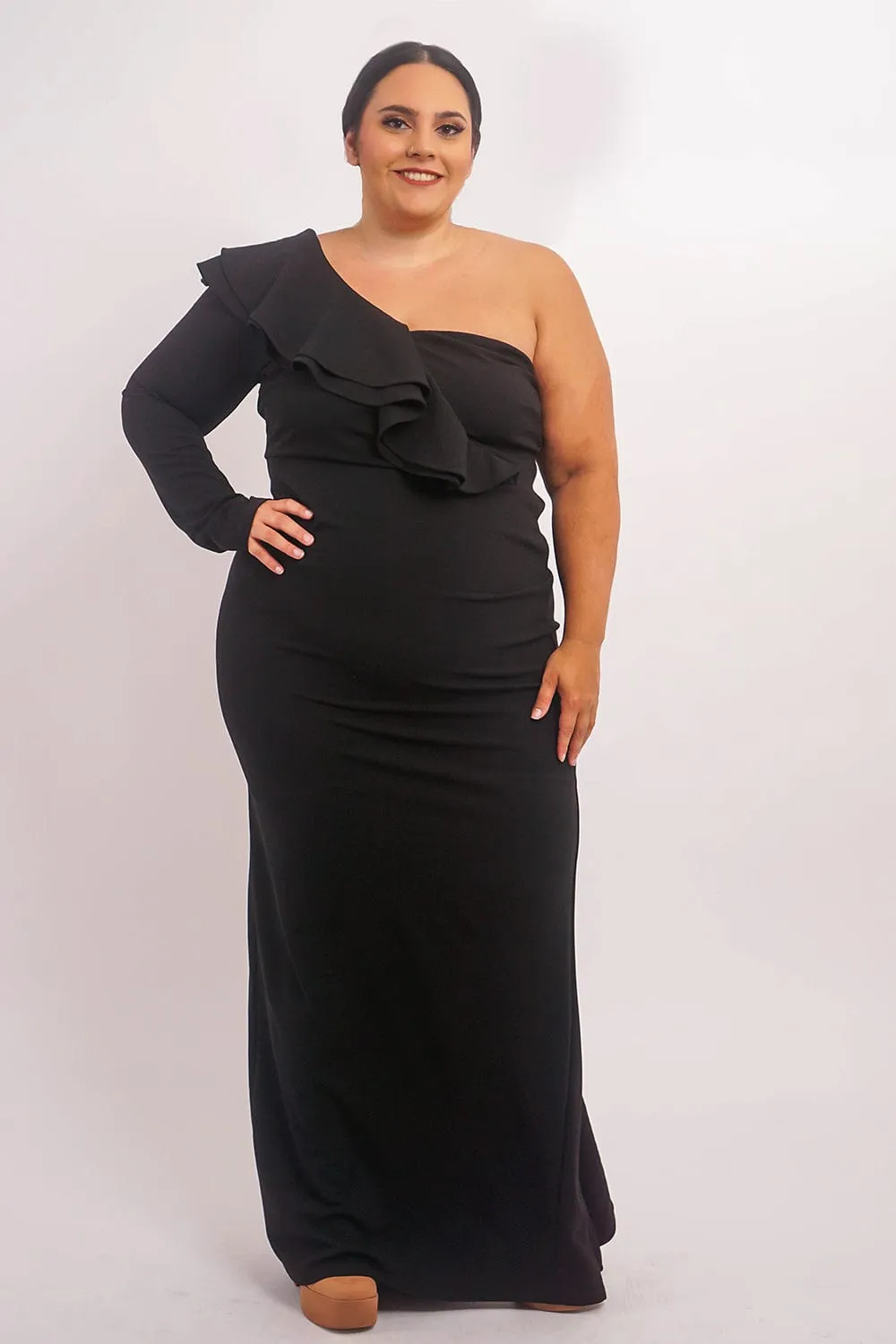 Plus Black  One  Shoulder Ruffle  Gown