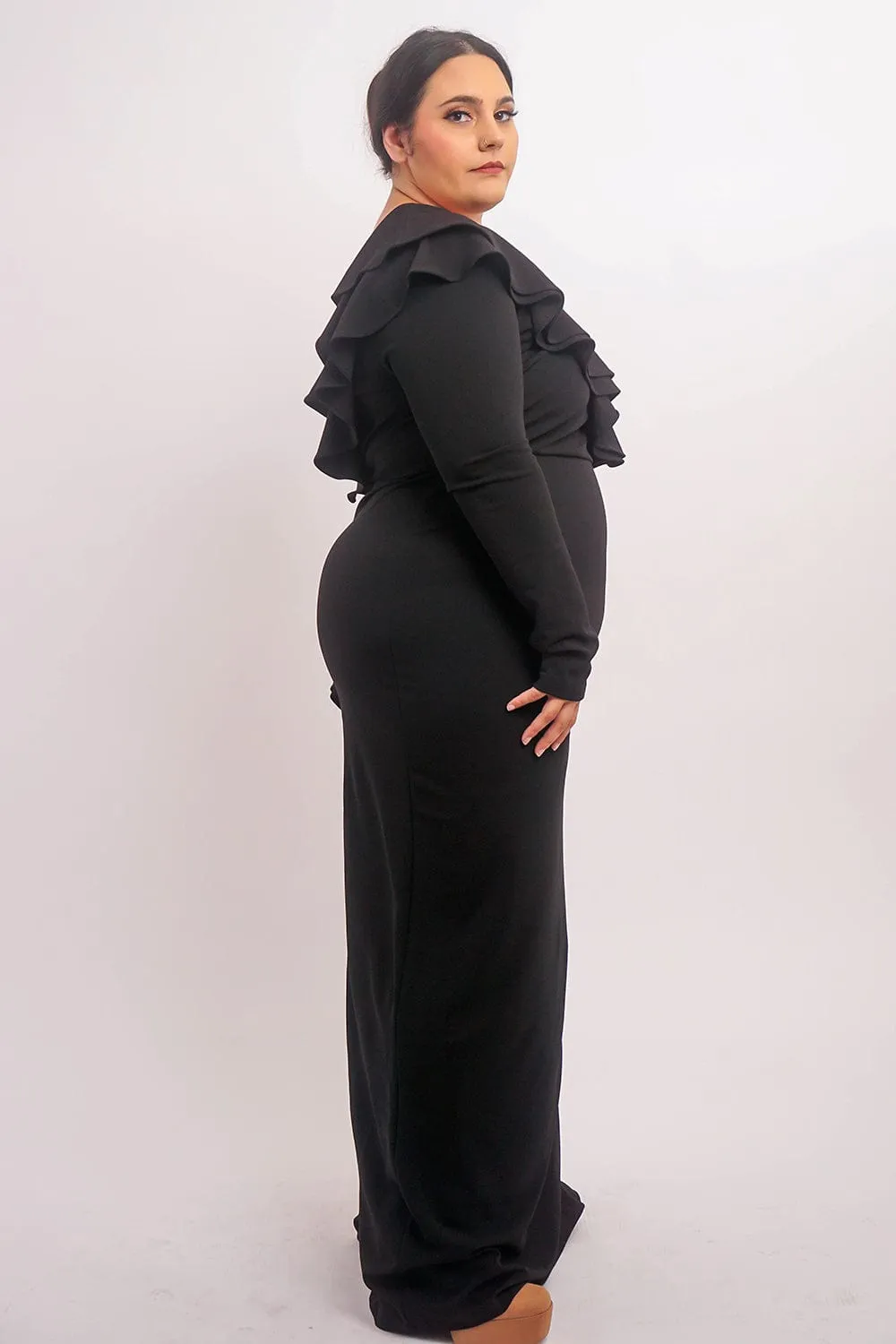 Plus Black  One  Shoulder Ruffle  Gown