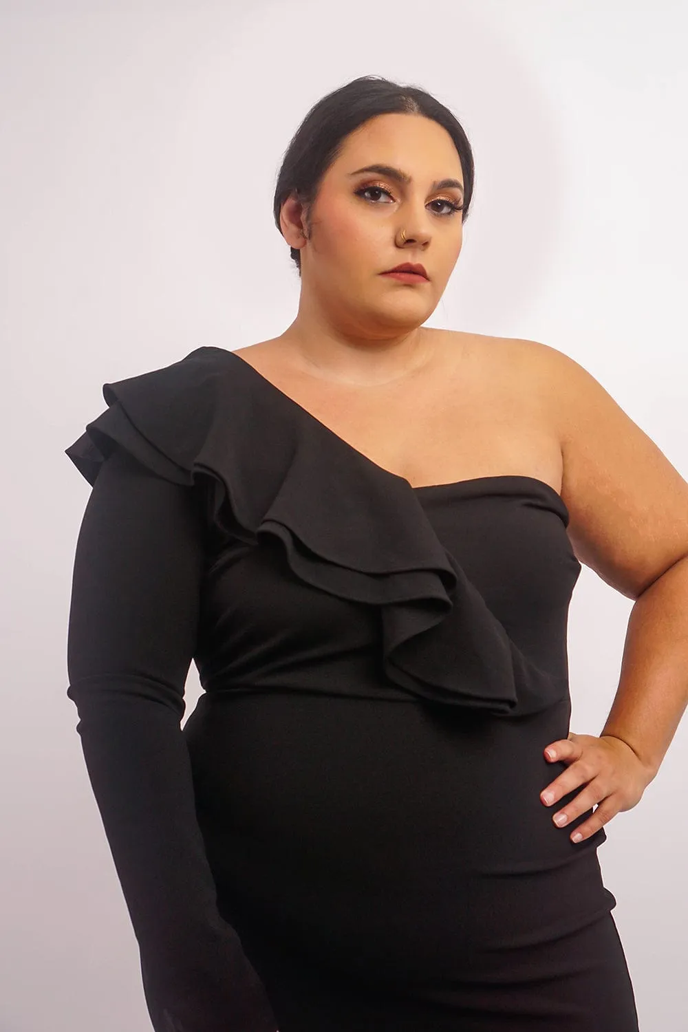 Plus Black  One  Shoulder Ruffle  Gown