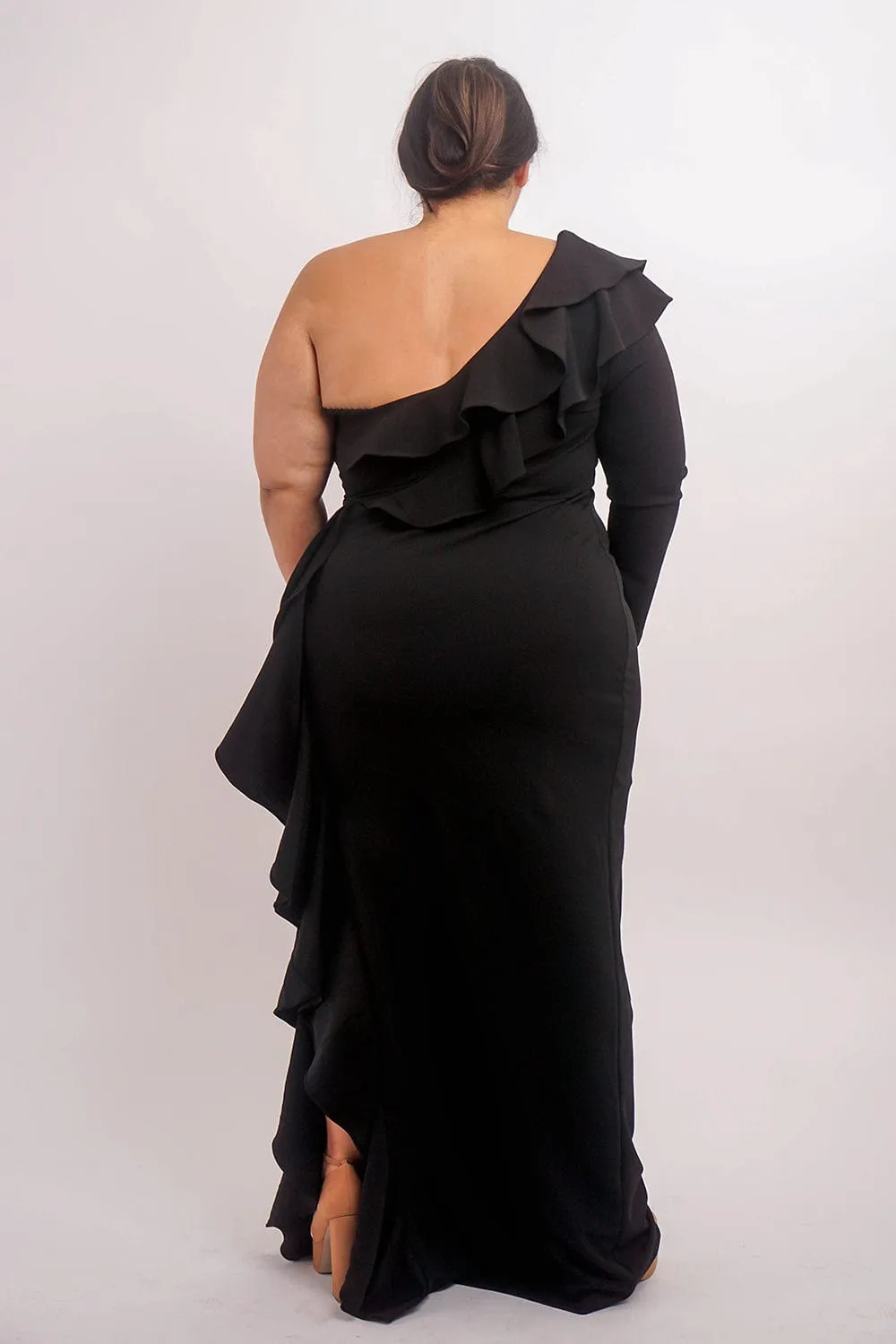 Plus Black  One  Shoulder Ruffle  Gown