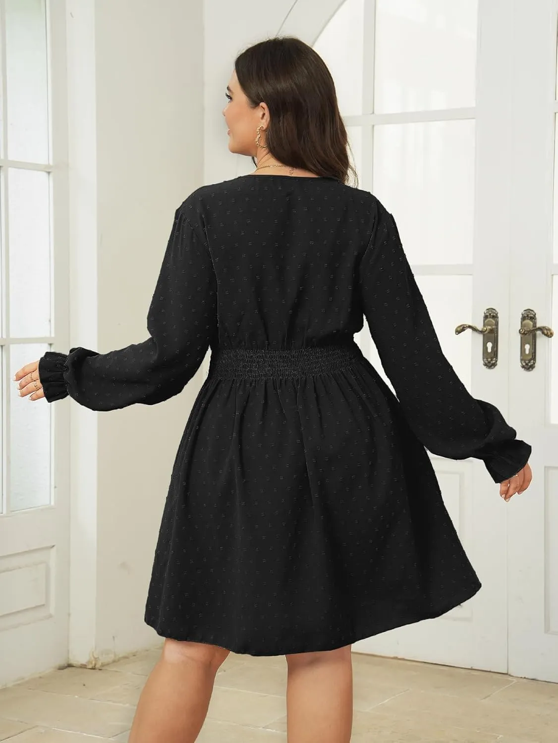 Plus Size Wrap Dress Casual Long Sleeve V Neck Swiss Dot Smocked Waist A Line Mini Dresses for Women