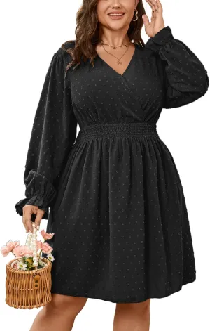 Plus Size Wrap Dress Casual Long Sleeve V Neck Swiss Dot Smocked Waist A Line Mini Dresses for Women