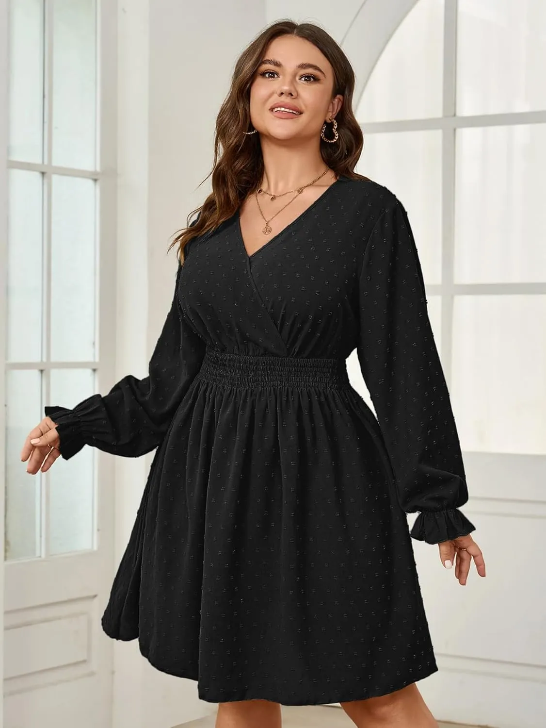 Plus Size Wrap Dress Casual Long Sleeve V Neck Swiss Dot Smocked Waist A Line Mini Dresses for Women