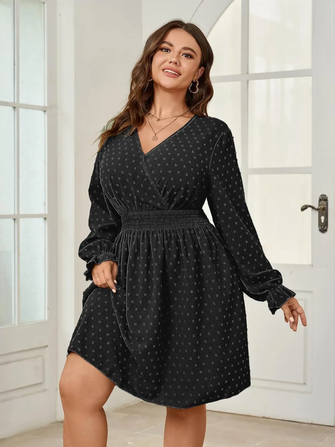 Plus Size Wrap Dress Casual Long Sleeve V Neck Swiss Dot Smocked Waist A Line Mini Dresses for Women