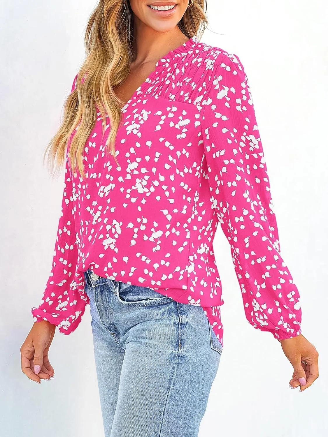 PRETTYGARDEN Womens Floral Spring Tops 2025 V Neck Long Sleeve Blouses Dressy Casual Boho Chiffon Business Work Shirts