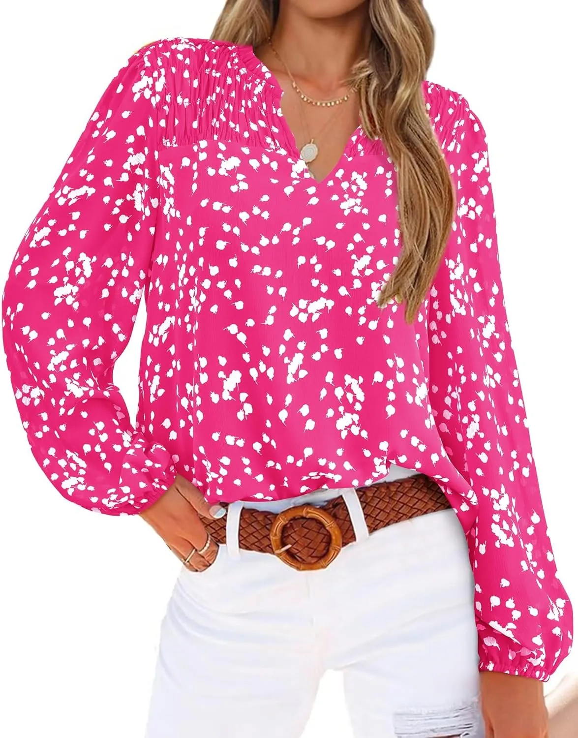 PRETTYGARDEN Womens Floral Spring Tops 2025 V Neck Long Sleeve Blouses Dressy Casual Boho Chiffon Business Work Shirts