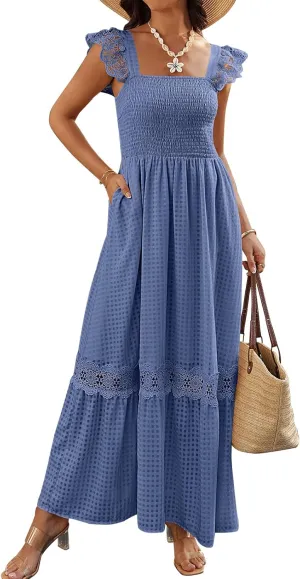PRETTYGARDEN Women's Smocked Summer Maxi Dresses 2025 Ruffle Cap Sleeve Square Neck Lace Detail Flowy Sundress with Pockets
