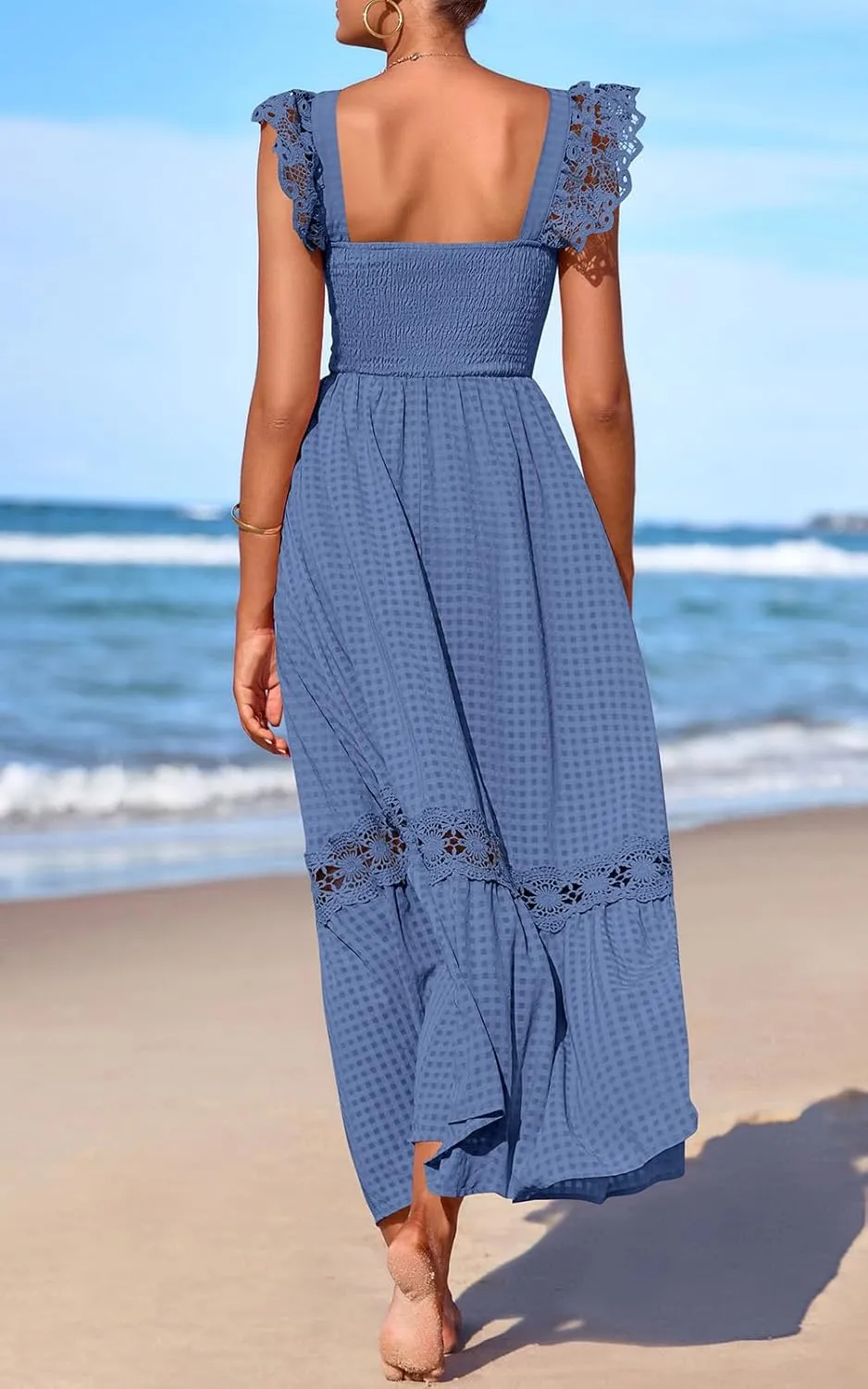 PRETTYGARDEN Women's Smocked Summer Maxi Dresses 2025 Ruffle Cap Sleeve Square Neck Lace Detail Flowy Sundress with Pockets