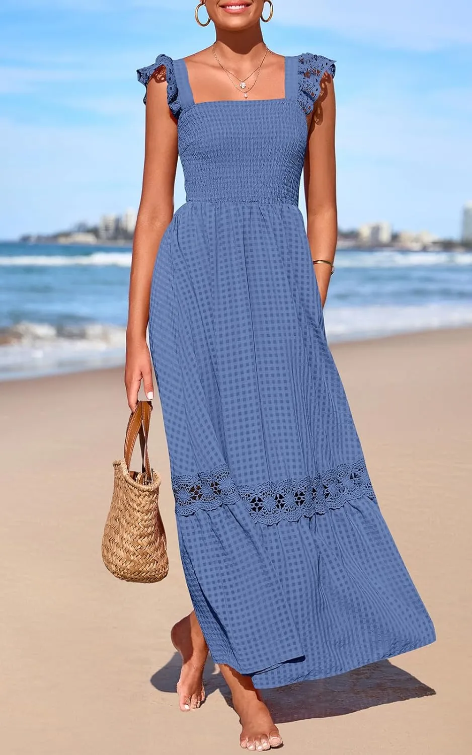 PRETTYGARDEN Women's Smocked Summer Maxi Dresses 2025 Ruffle Cap Sleeve Square Neck Lace Detail Flowy Sundress with Pockets
