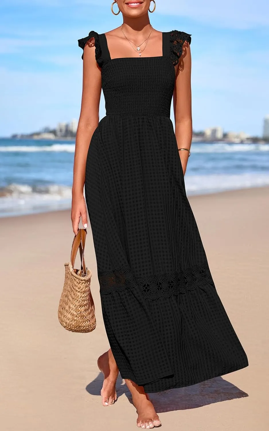 PRETTYGARDEN Women's Smocked Summer Maxi Dresses 2025 Ruffle Cap Sleeve Square Neck Lace Detail Flowy Sundress with Pockets