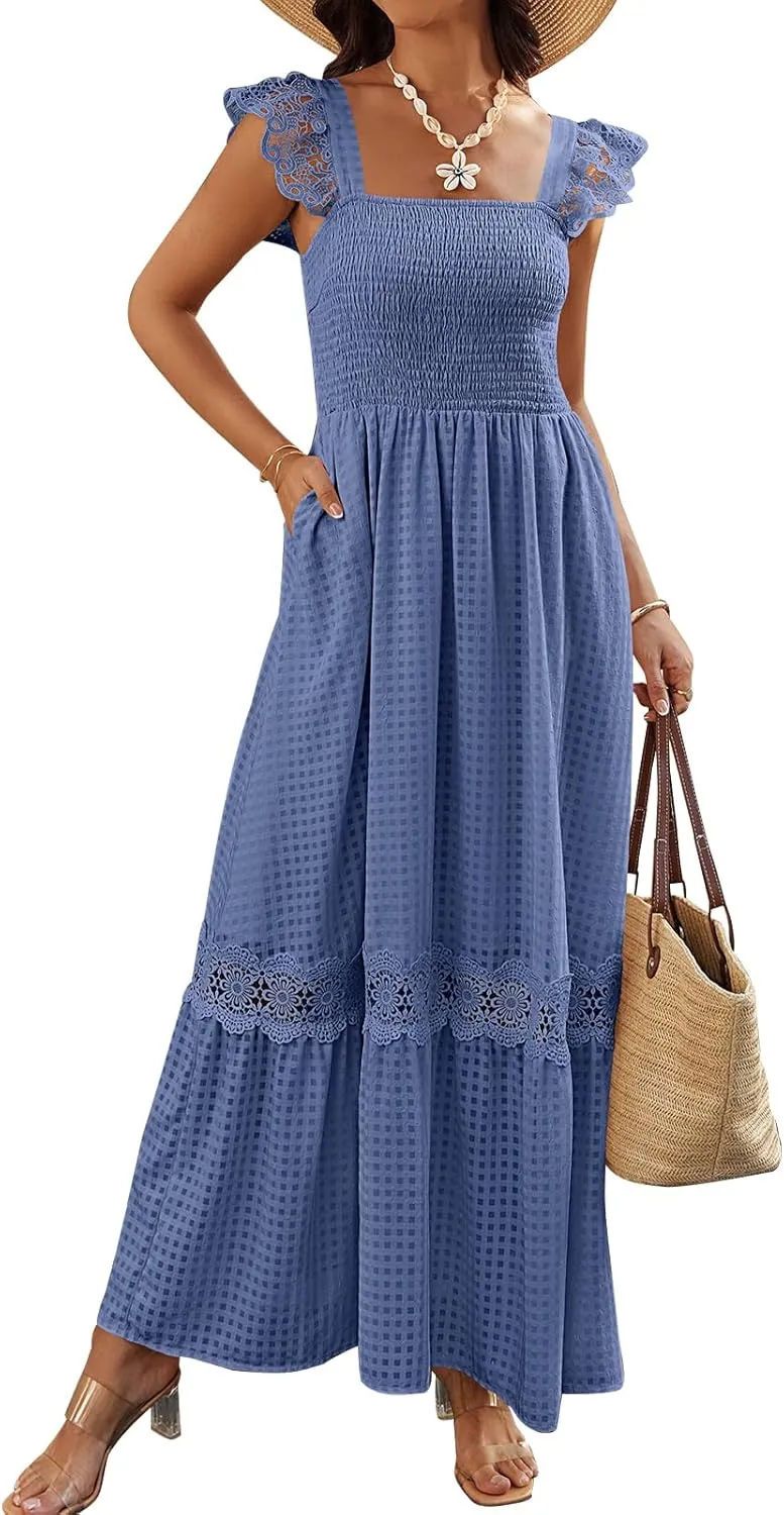 PRETTYGARDEN Women's Smocked Summer Maxi Dresses 2025 Ruffle Cap Sleeve Square Neck Lace Detail Flowy Sundress with Pockets
