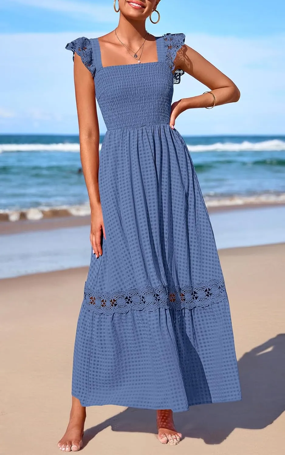 PRETTYGARDEN Women's Smocked Summer Maxi Dresses 2025 Ruffle Cap Sleeve Square Neck Lace Detail Flowy Sundress with Pockets
