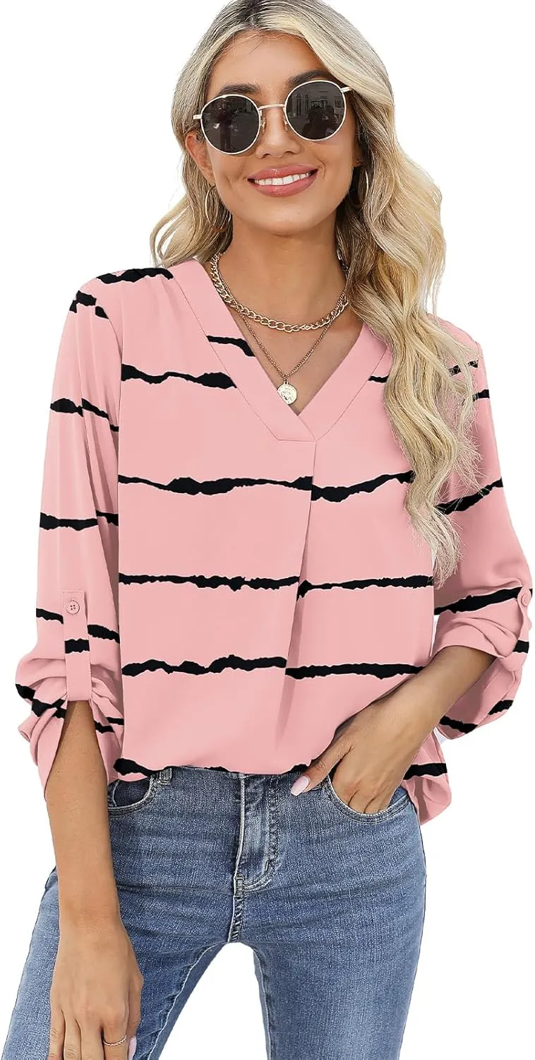 QUEZHU 3/4 Sleeve Blouses for Women Business Casual Elegant Chiffon V Neck Blouses Tops