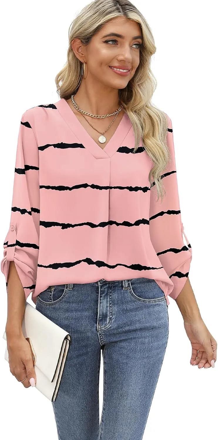 QUEZHU 3/4 Sleeve Blouses for Women Business Casual Elegant Chiffon V Neck Blouses Tops