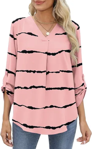 QUEZHU 3/4 Sleeve Blouses for Women Business Casual Elegant Chiffon V Neck Blouses Tops