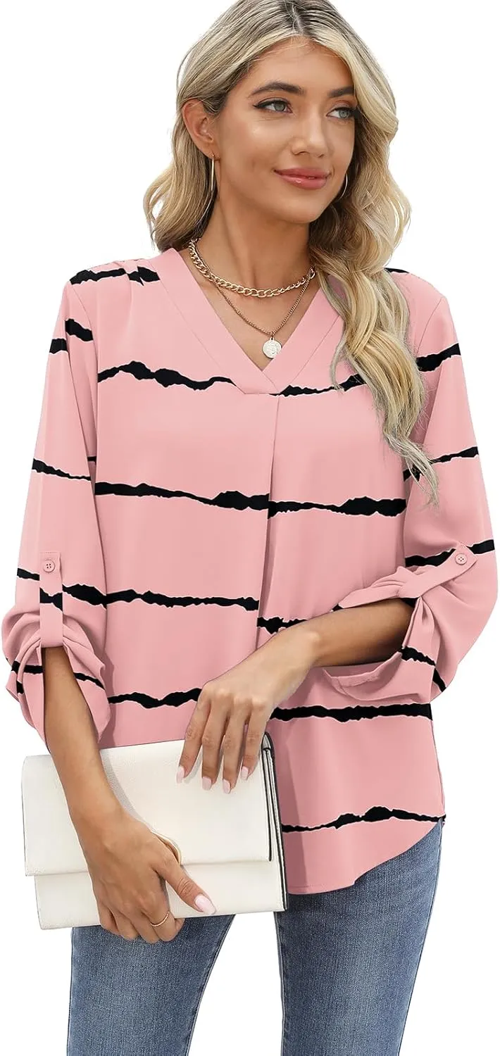 QUEZHU 3/4 Sleeve Blouses for Women Business Casual Elegant Chiffon V Neck Blouses Tops