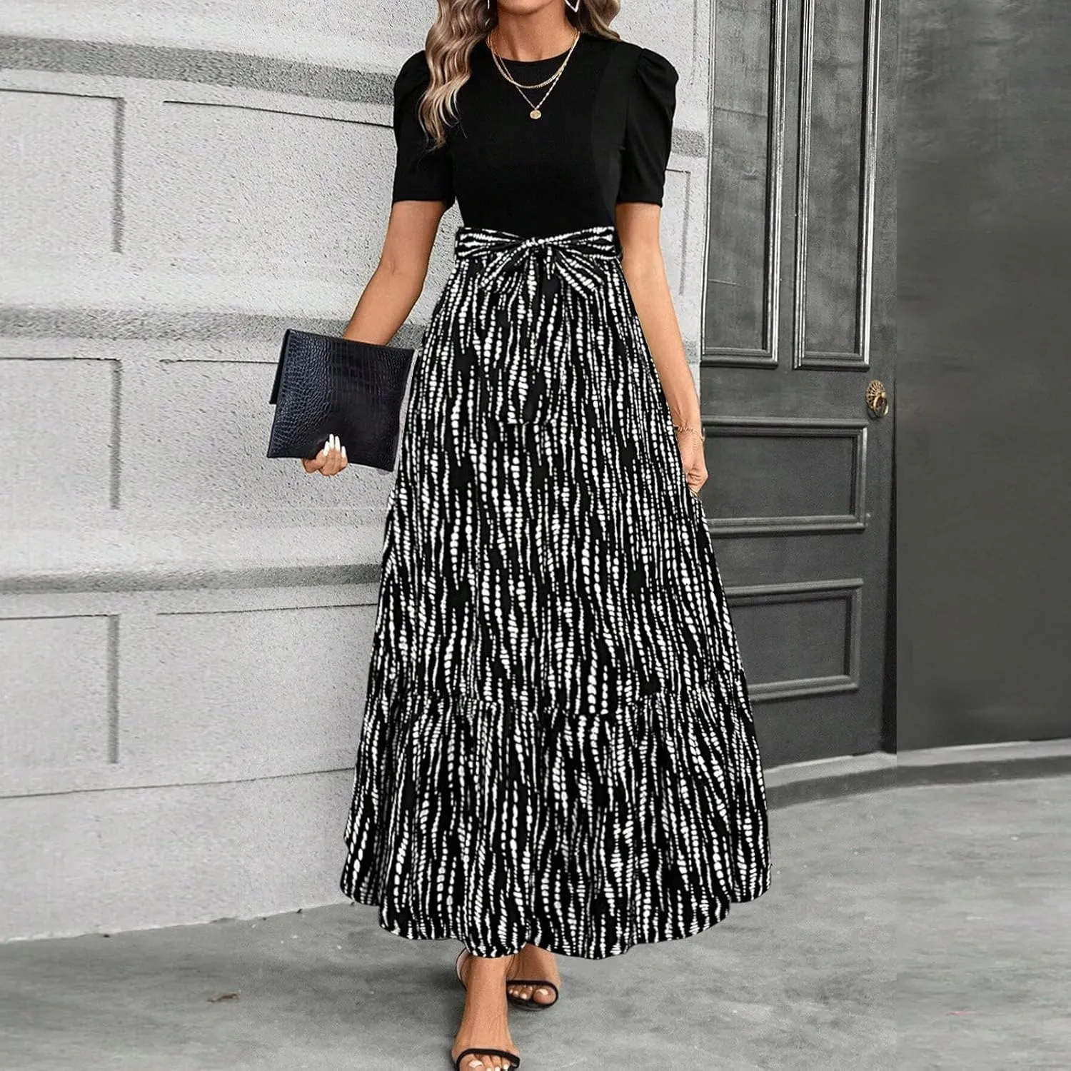 Summer Dresses for Women Elegant Boho Tie Belted Patchwork Empire Waist Short Sleeve Modest Flowy Maxi Long Dress