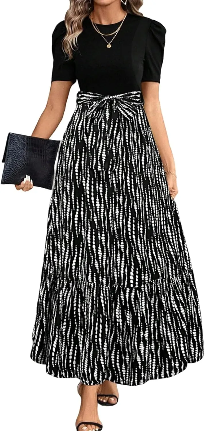 Summer Dresses for Women Elegant Boho Tie Belted Patchwork Empire Waist Short Sleeve Modest Flowy Maxi Long Dress