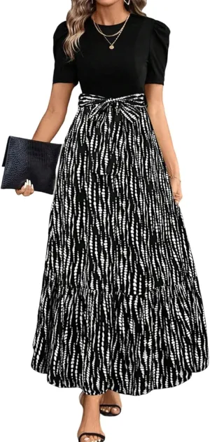 Summer Dresses for Women Elegant Boho Tie Belted Patchwork Empire Waist Short Sleeve Modest Flowy Maxi Long Dress