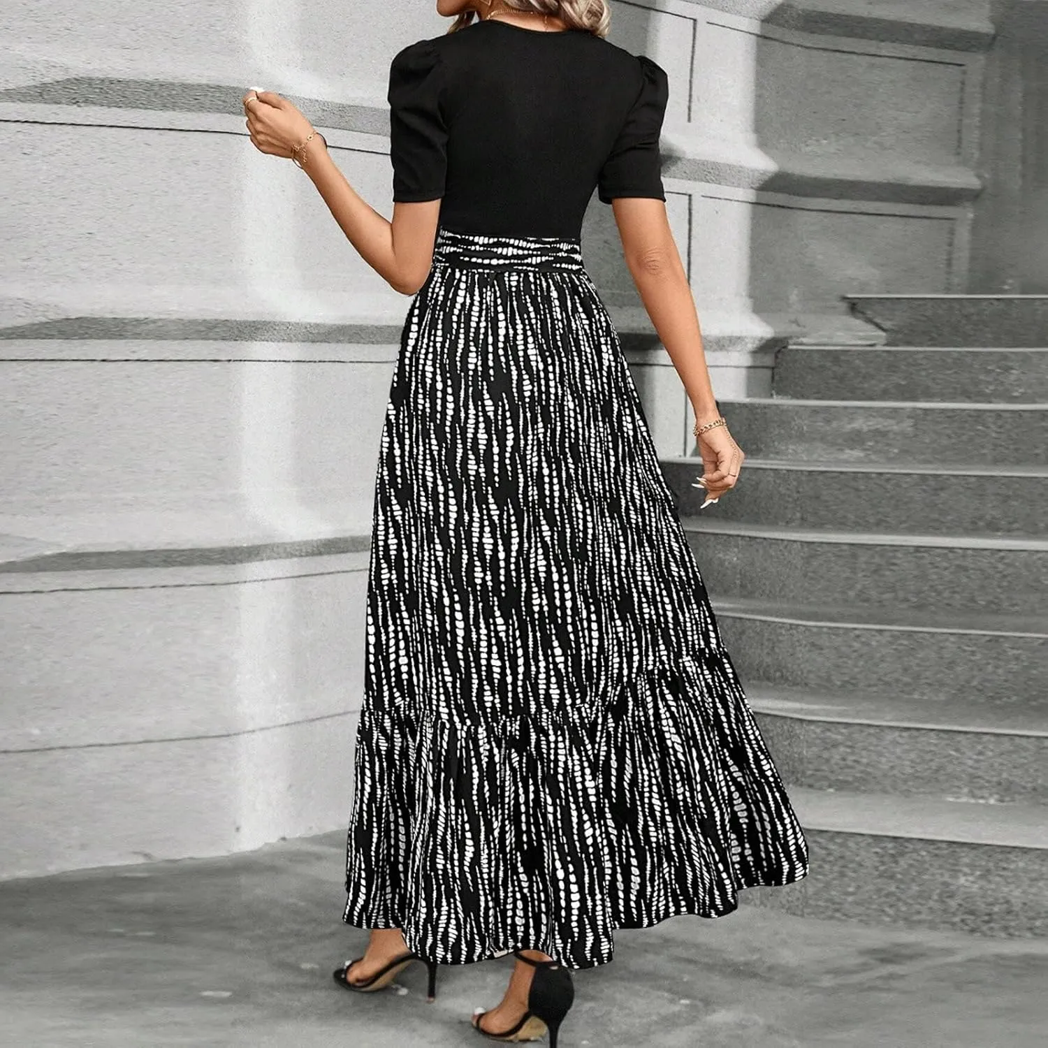 Summer Dresses for Women Elegant Boho Tie Belted Patchwork Empire Waist Short Sleeve Modest Flowy Maxi Long Dress