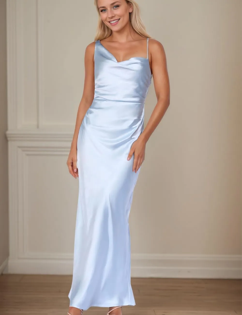 Summer Satin Maxi Dresses for Women 2025 Cowl Neck Ruched Silk Formal Wedding Guest Bridesmaid Slip Dress with Slit