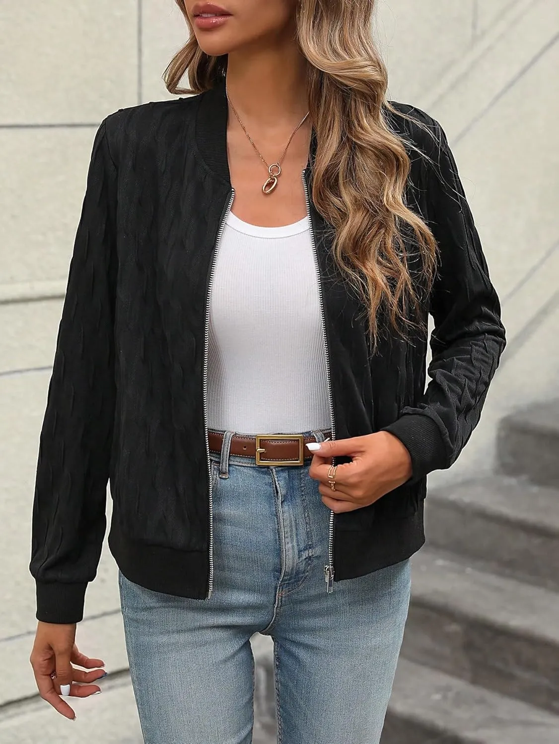 SweatyRocks Women's Solid Zip Up Collar Bomber Jackets Casual Long Sleeve Varsity Outerwear