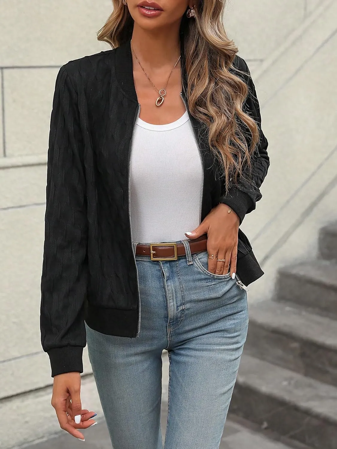 SweatyRocks Women's Solid Zip Up Collar Bomber Jackets Casual Long Sleeve Varsity Outerwear