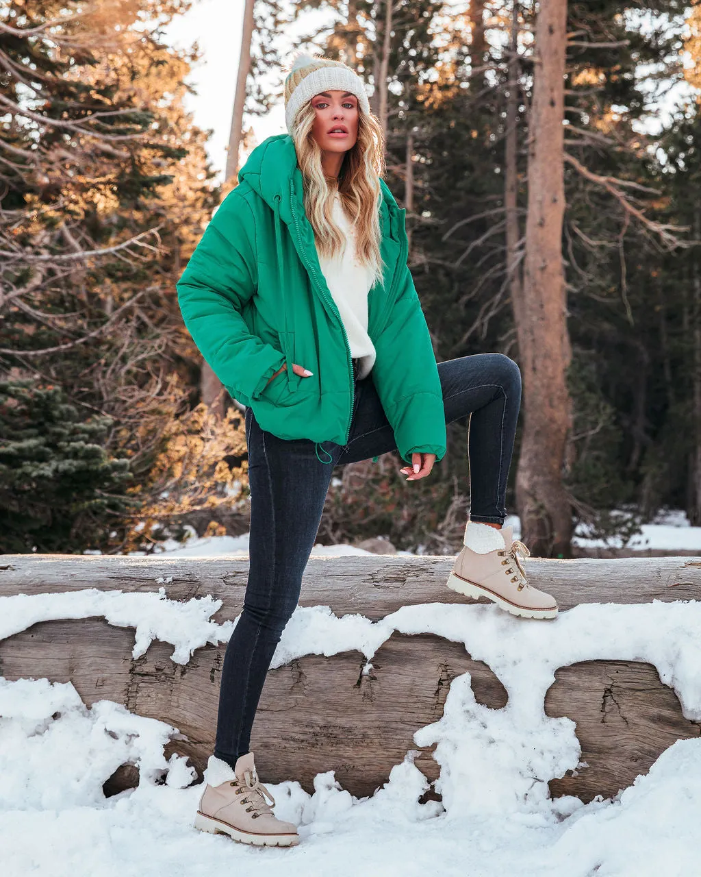 TastyHottie - Stay Awhile Pocketed Hooded Puffer Jacket - Kelly Green