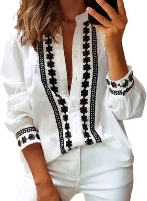 Theenkoln Womens Work Button Blouses: Long Sleeve V Neck Lace Casual Button Down Fall Trendy Shirts