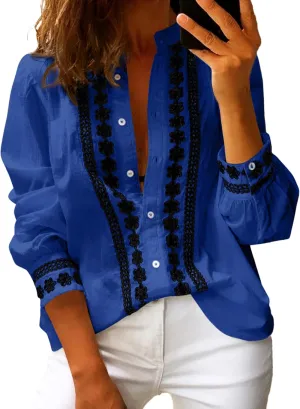 Theenkoln Womens Work Button Blouses: Long Sleeve V Neck Lace Casual Button Down Fall Trendy Shirts