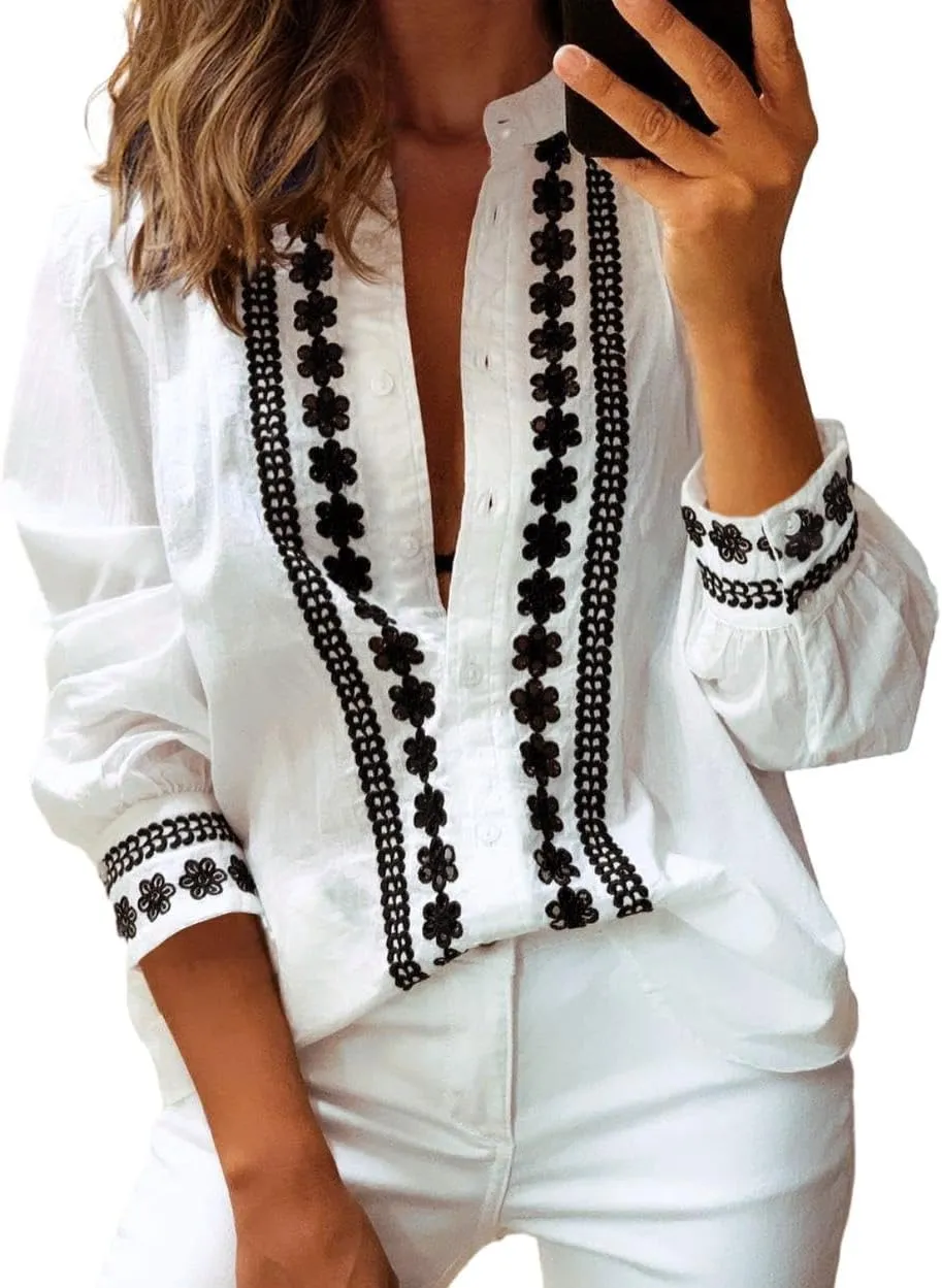 Theenkoln Womens Work Button Blouses: Long Sleeve V Neck Lace Casual Button Down Fall Trendy Shirts