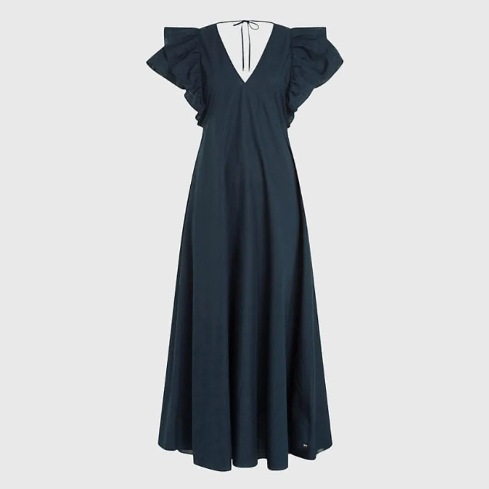 Tommy Hilfiger Ruffled Sateen Maxi Dress In Navy