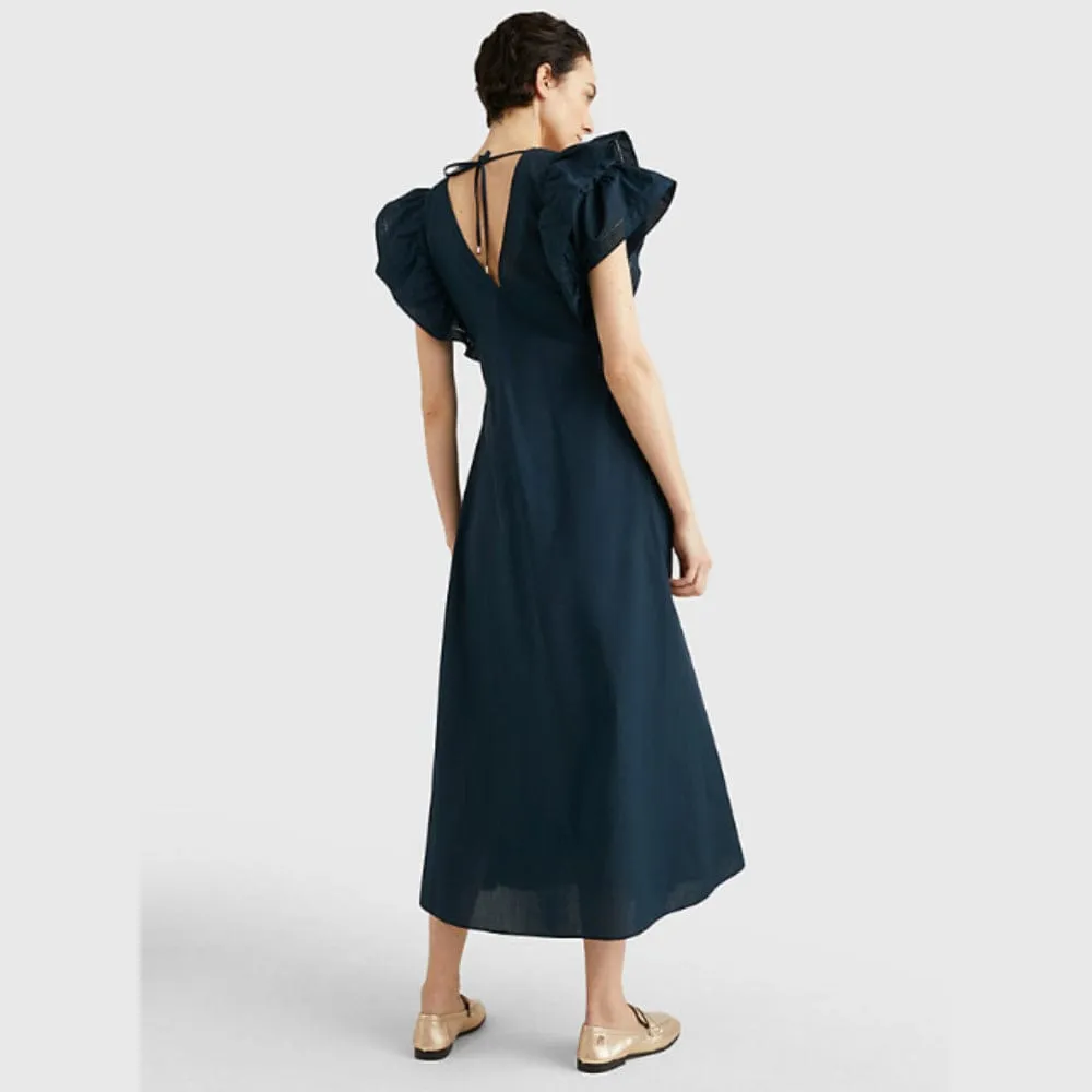 Tommy Hilfiger Ruffled Sateen Maxi Dress In Navy