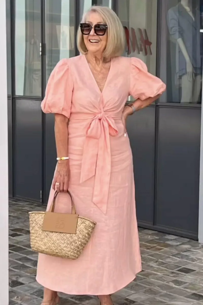 utcoco Women's 2025 Summer Casual Wrap V Neck Maxi Dress Puff Sleeve Bow Tie Front A Line Flowy Long Dress