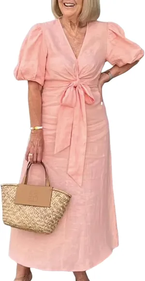 utcoco Women's 2025 Summer Casual Wrap V Neck Maxi Dress Puff Sleeve Bow Tie Front A Line Flowy Long Dress