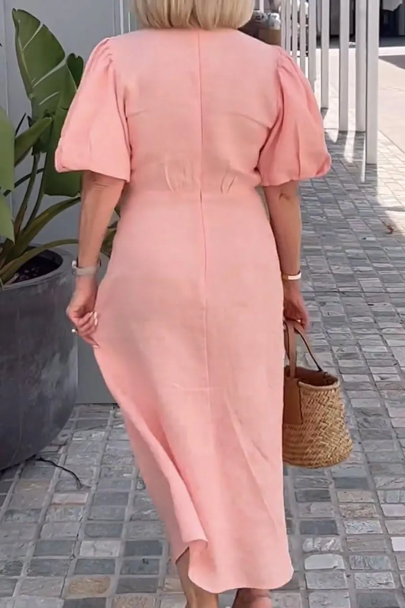 utcoco Women's 2025 Summer Casual Wrap V Neck Maxi Dress Puff Sleeve Bow Tie Front A Line Flowy Long Dress