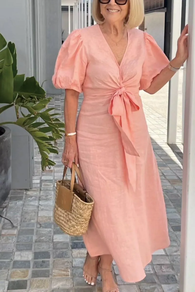 utcoco Women's 2025 Summer Casual Wrap V Neck Maxi Dress Puff Sleeve Bow Tie Front A Line Flowy Long Dress