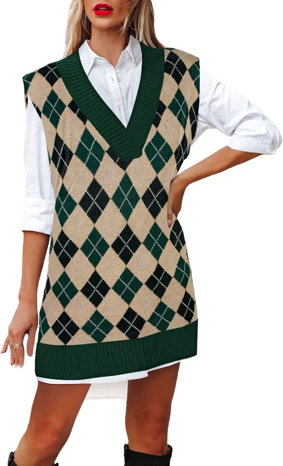 Viottiset Women's Oversized V Neck Knit Sweater Vest Tunic Sleeveless Pullover Top