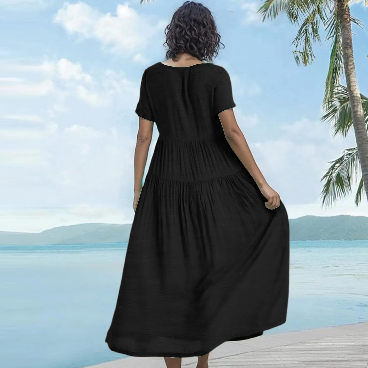 Women Casual Plus Size Loose Bohemian Floral Maternity Dress Short Sleeve Long Boho Maxi Spring Dress