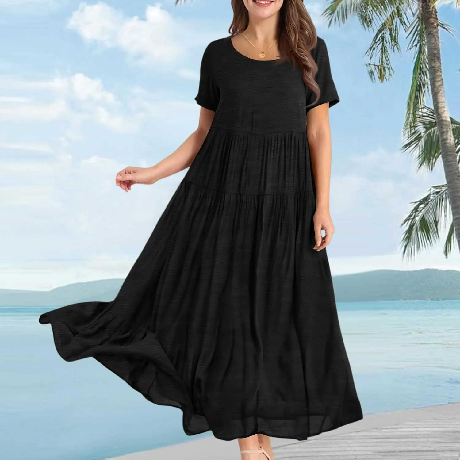 Women Casual Plus Size Loose Bohemian Floral Maternity Dress Short Sleeve Long Boho Maxi Spring Dress
