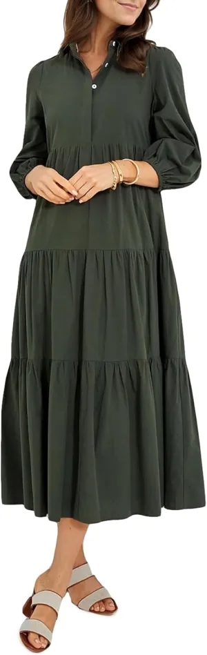 Women Flowy Maxi Shirt Dress Casual Button Down V Neck Ruffled Beach Long Dresses with Pockets