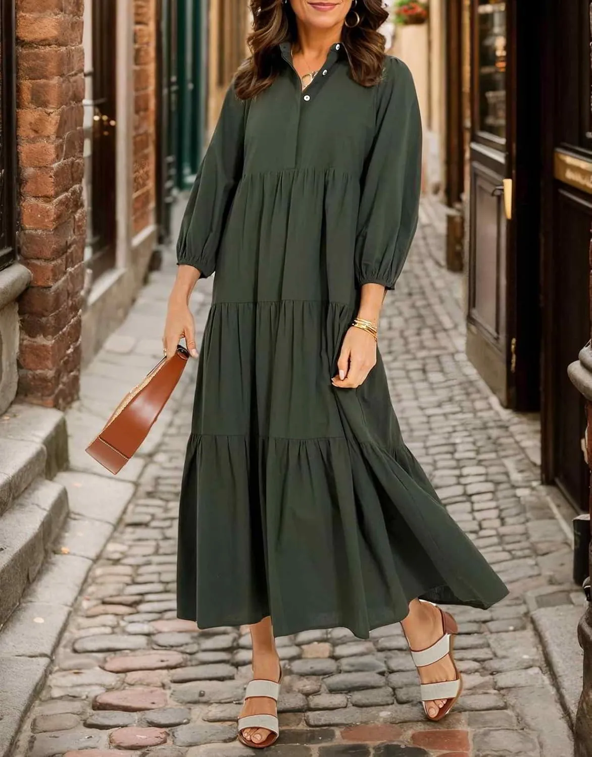 Women Flowy Maxi Shirt Dress Casual Button Down V Neck Ruffled Beach Long Dresses with Pockets